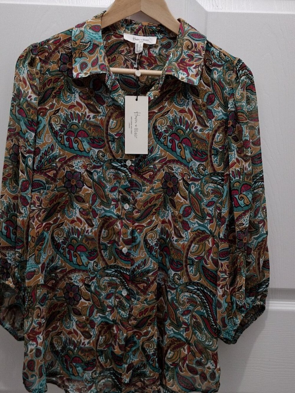 Haver + Blair London Paisley Blouse Women’s Large Sheer Boho Button Front Top